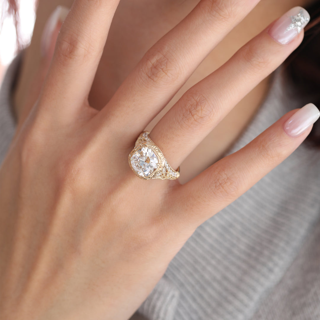 Old Mine-Cut Lab Diamond Antique-Inspired Ring with Pavé Diamond Accents