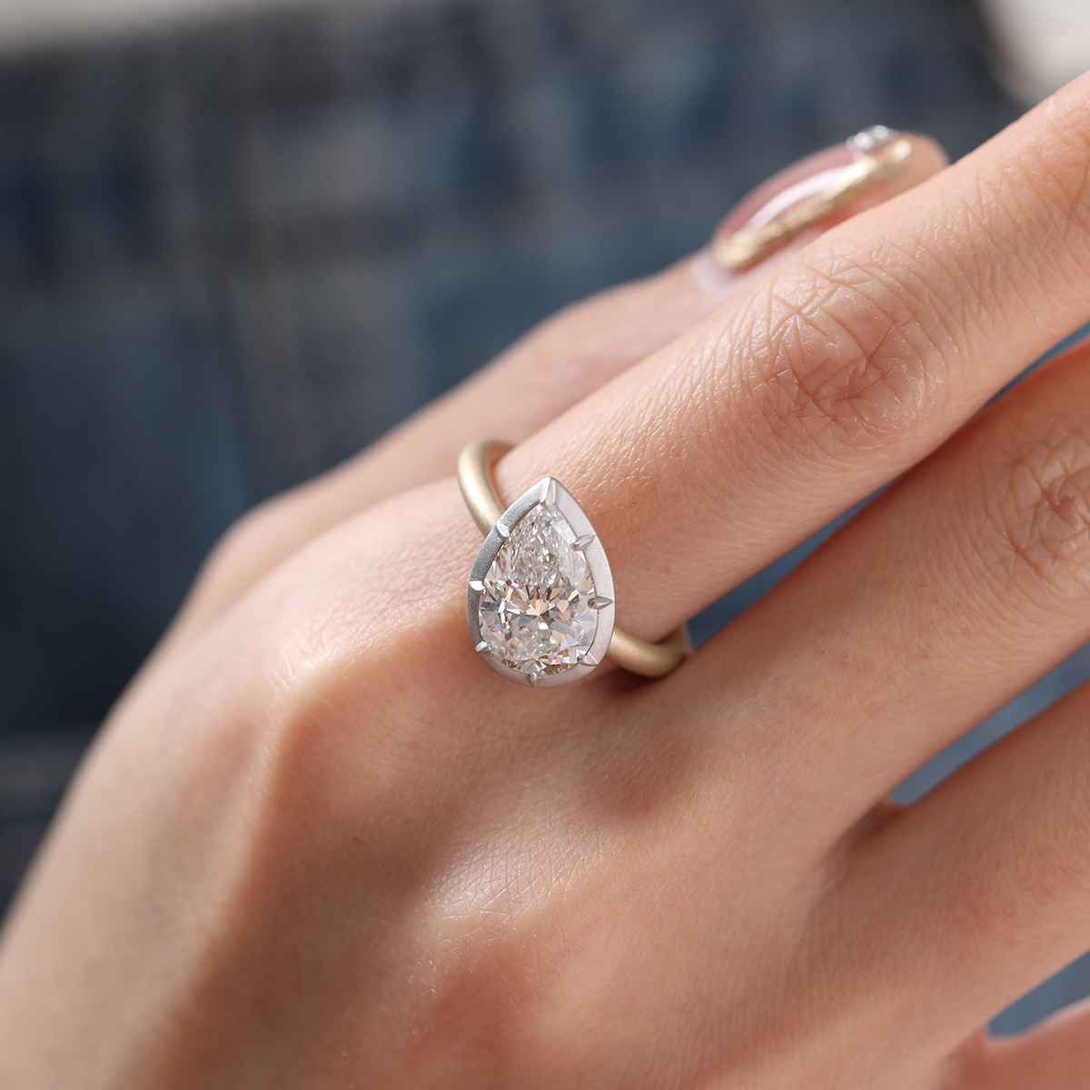 14K Yellow Gold 3ct Pear Shaped Lab Diamond Matte Ring with White Gold Bezel