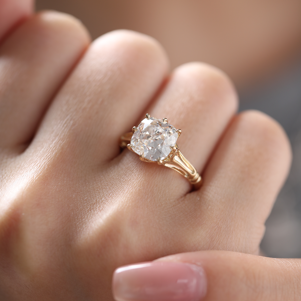 14K Yellow Gold 3ct Old Mine Cut Lab Diamond 8 Prongs Crown Basket Solitaire Ring