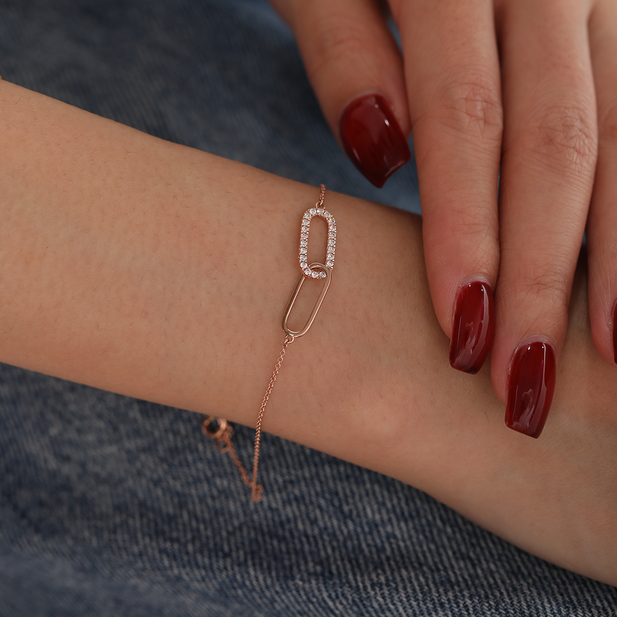 14K Rose Gold Round Lab Diamond Toi et Moi Pendant Chain Bracelet