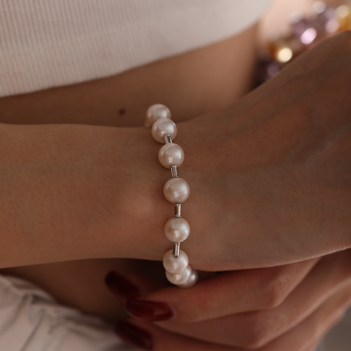14K White Gold Near-round Fresh-water Pearl Bracelet