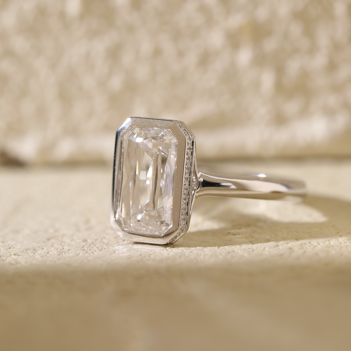 14K White Gold 3ct Criss Cut Bezel Ring with Round Lab Diamond Hidden Halo