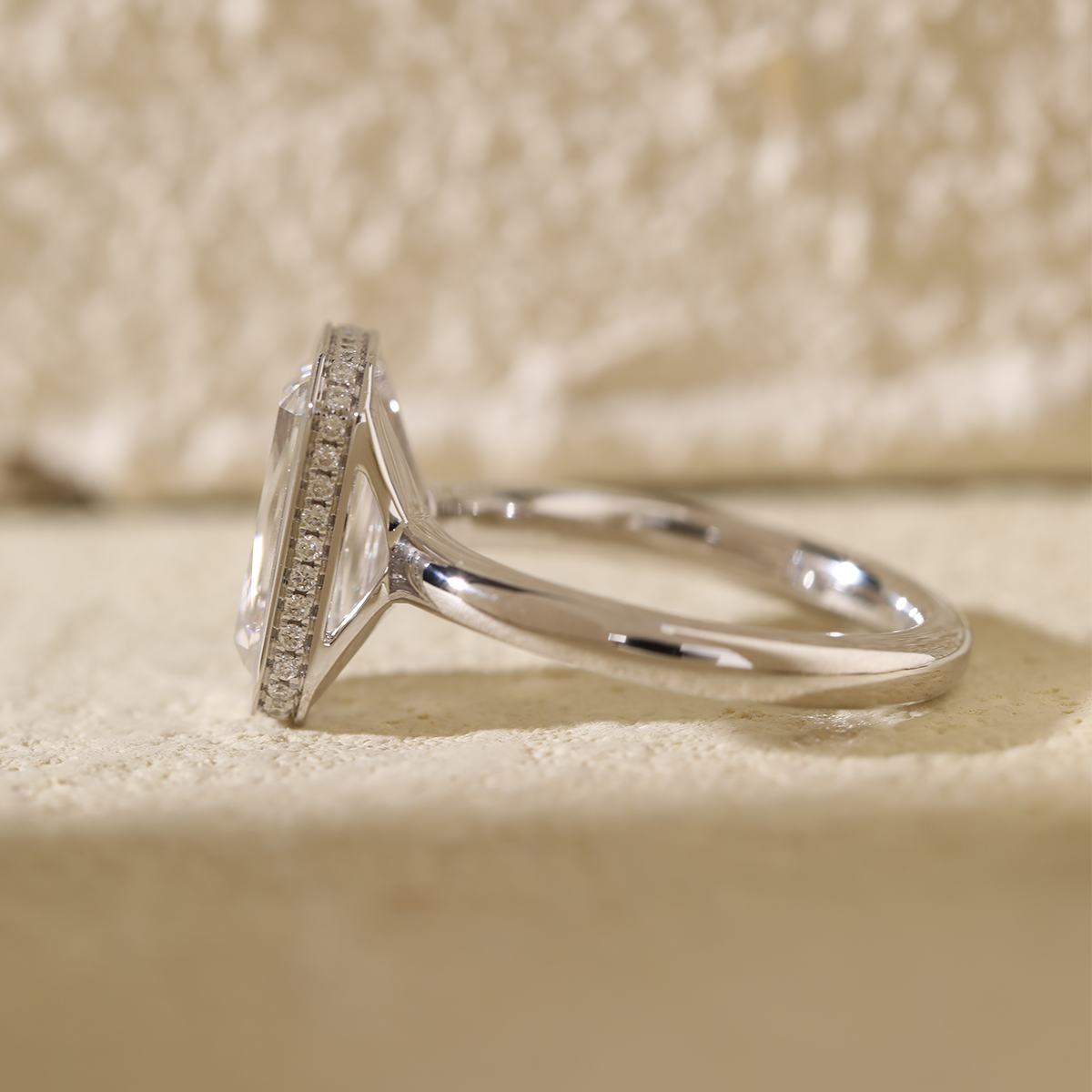 14K White Gold 3ct Criss Cut Bezel Ring with Round Lab Diamond Hidden Halo