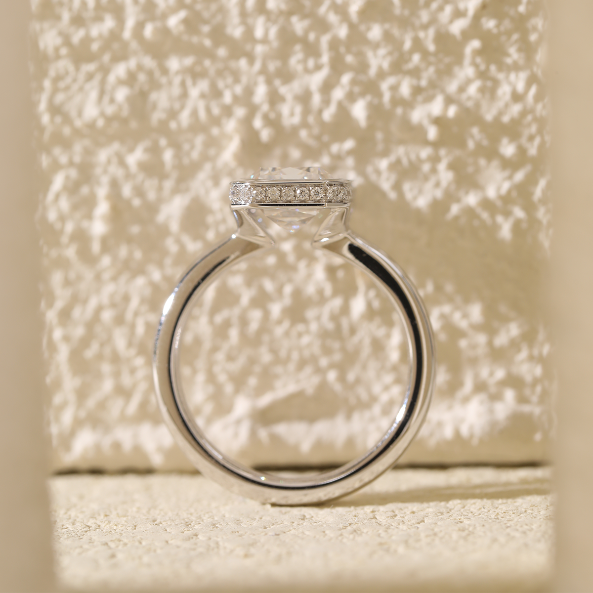 14K White Gold 3ct Criss Cut Bezel Ring with Round Lab Diamond Hidden Halo