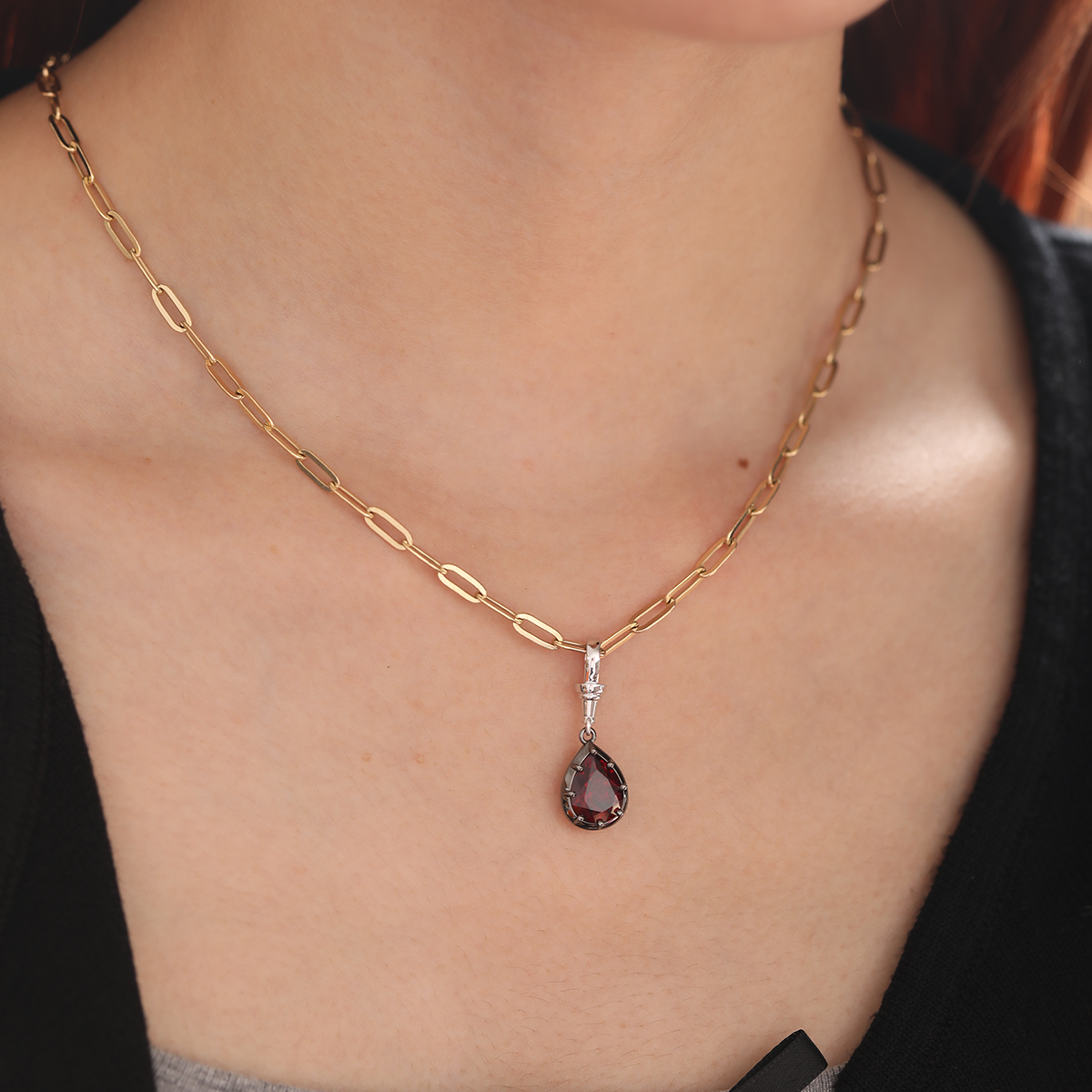 14K White Gold Necklace with 3ct Pear Shaped Lab Diamond Pendant in Black Rhodium Plated Bezel Setting