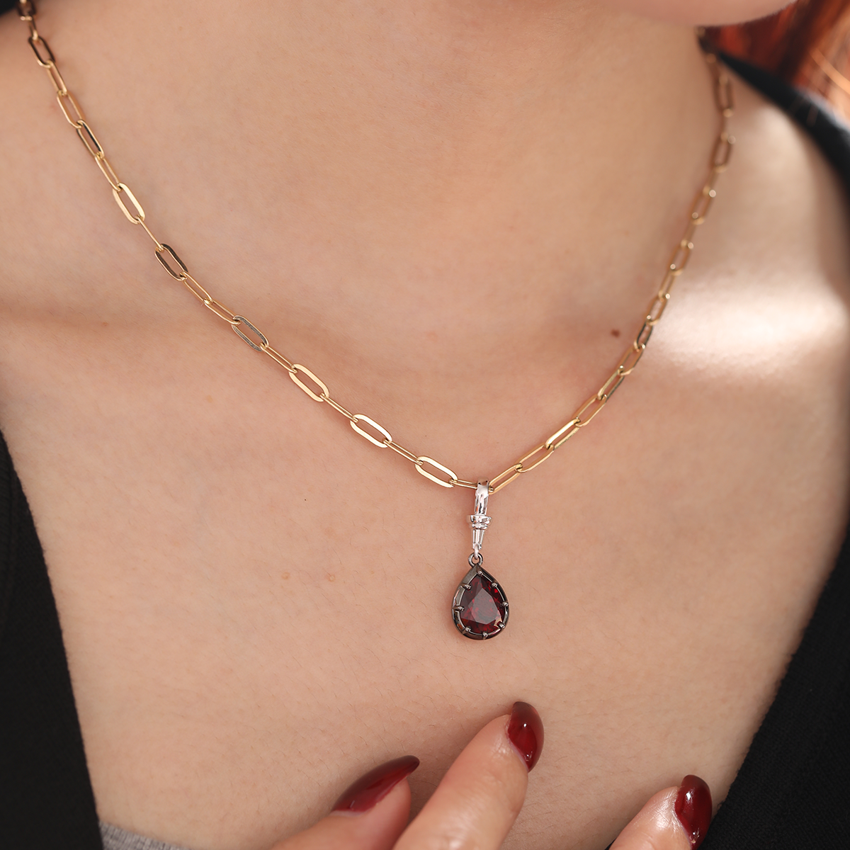 14K White Gold Necklace with 3ct Pear Shaped Lab Diamond Pendant in Black Rhodium Plated Bezel Setting