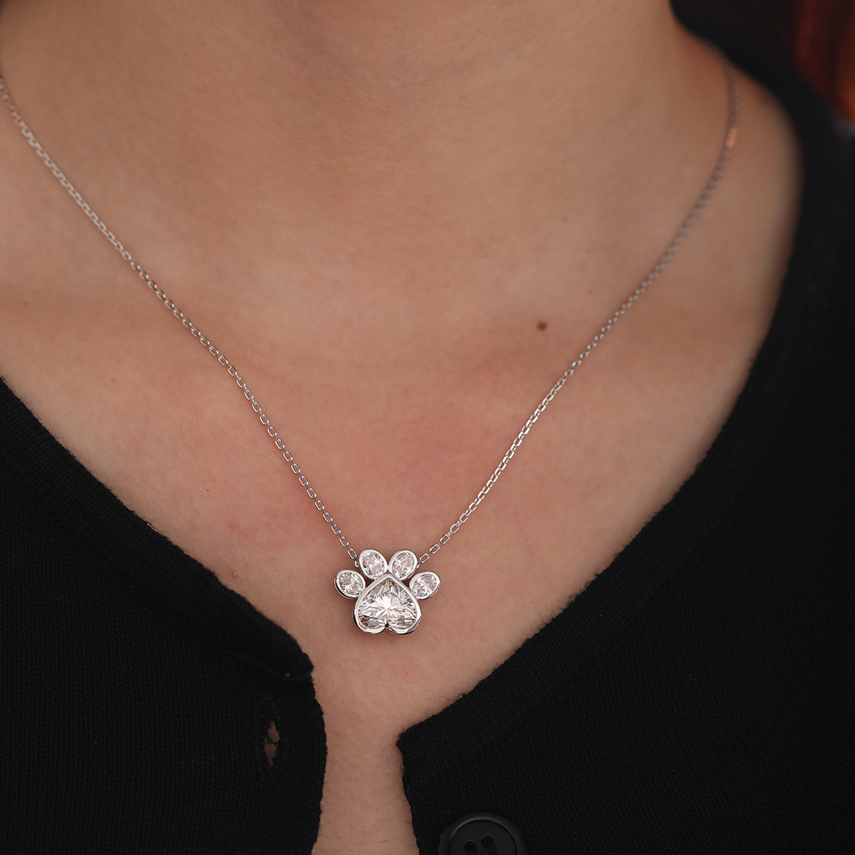 14K White Gold Heart Shaped and Oval Lab diamond Bella Paw Bezel Pendant Necklace
