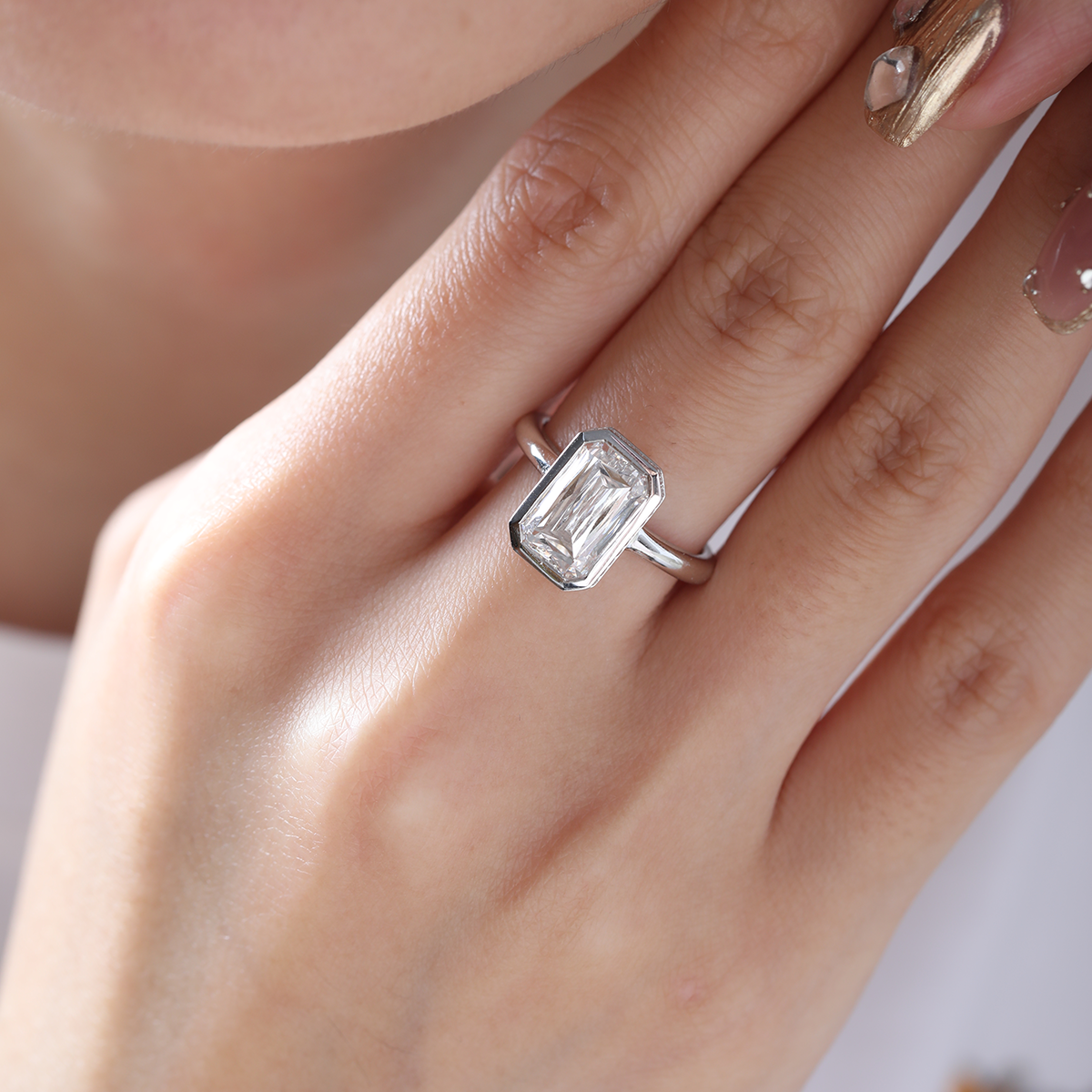 14K White Gold 3ct Criss Cut Bezel Ring with Round Lab Diamond Hidden Halo