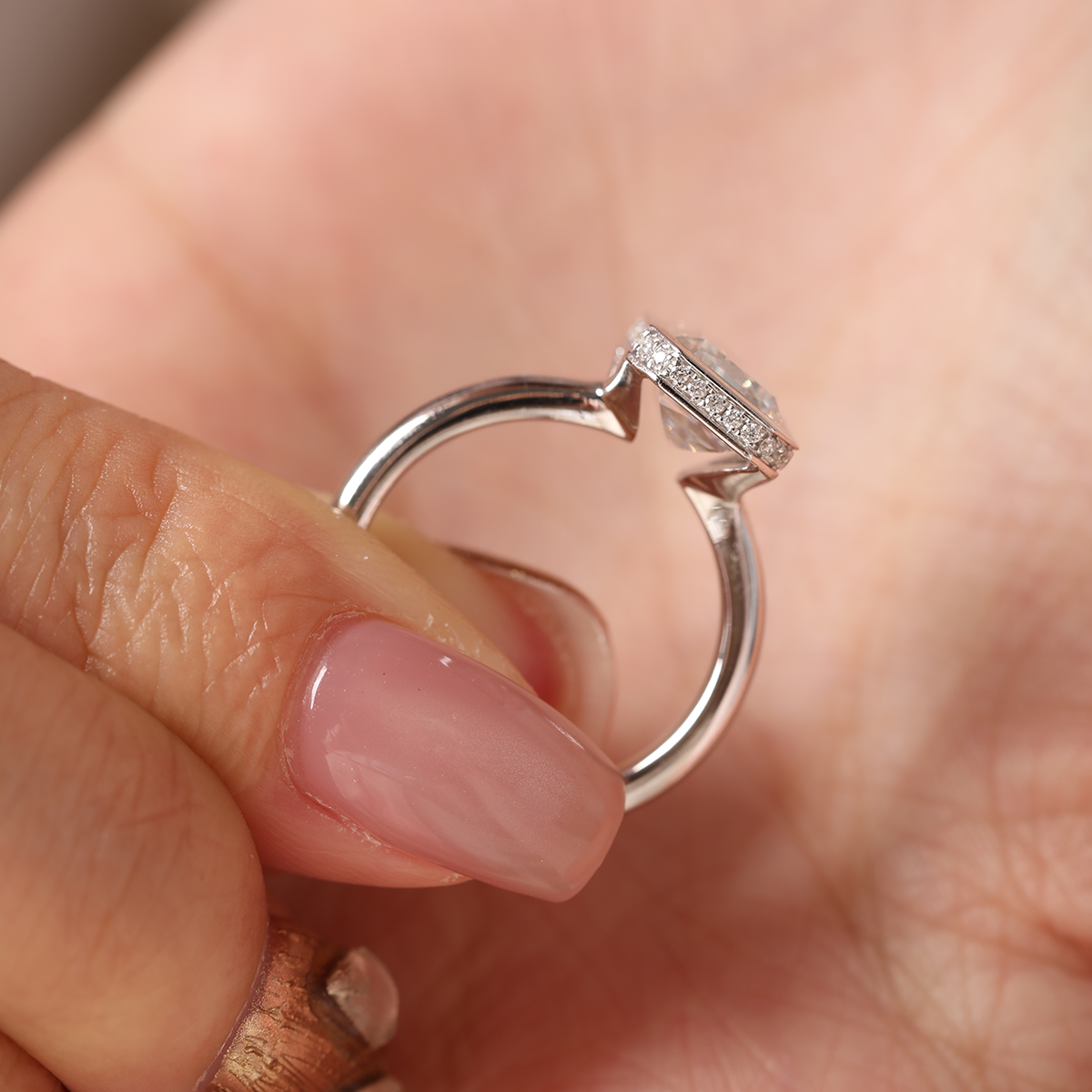 14K White Gold 3ct Criss Cut Bezel Ring with Round Lab Diamond Hidden Halo