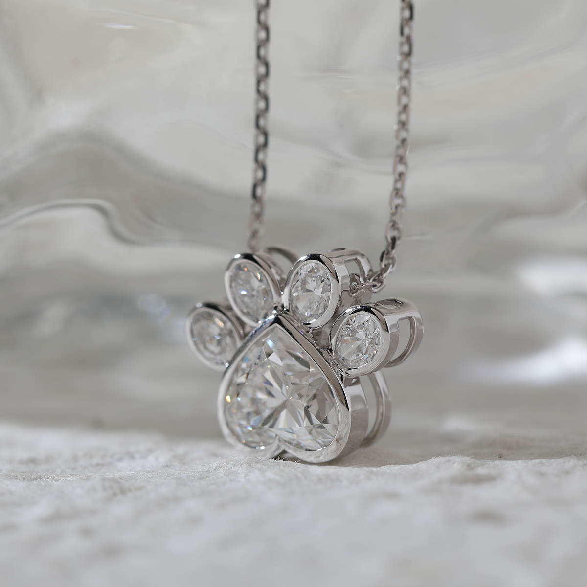 14K White Gold Heart Shaped and Oval Lab diamond Bella Paw Bezel Pendant Necklace
