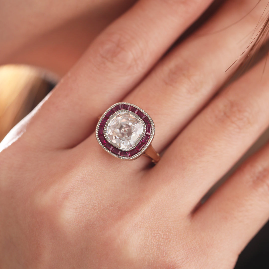 Old Mine-Cut Lab Diamond Millegrain Bezel Ring with Tapered Baguette Ruby Halo