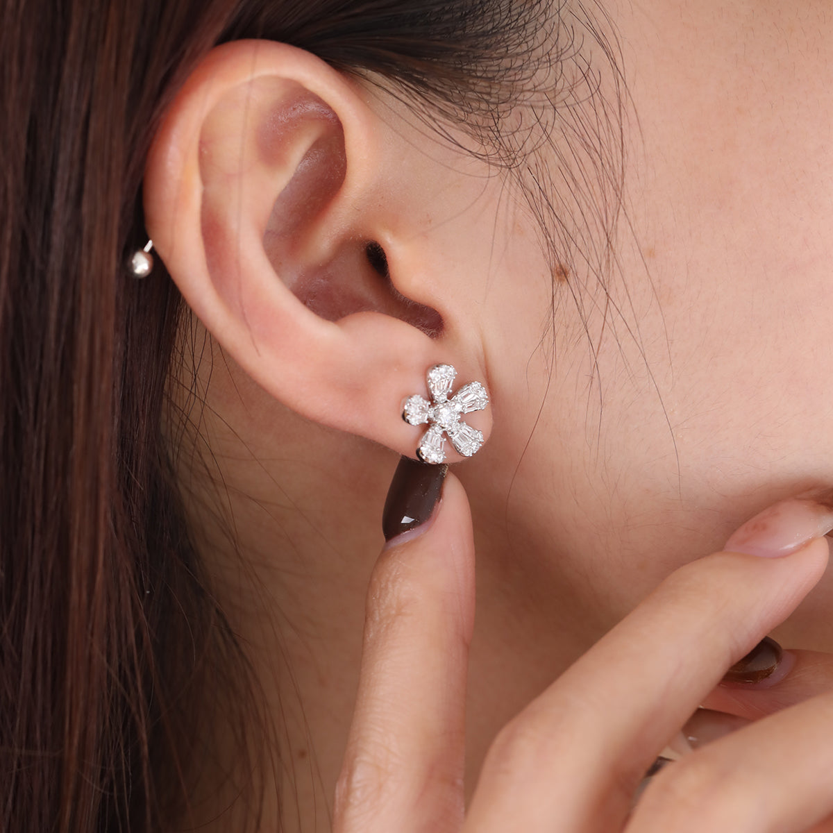 Baguette and Round Cut Lab Diamond Flower Stud Earrings — Art Nouveau Nature-Inspired