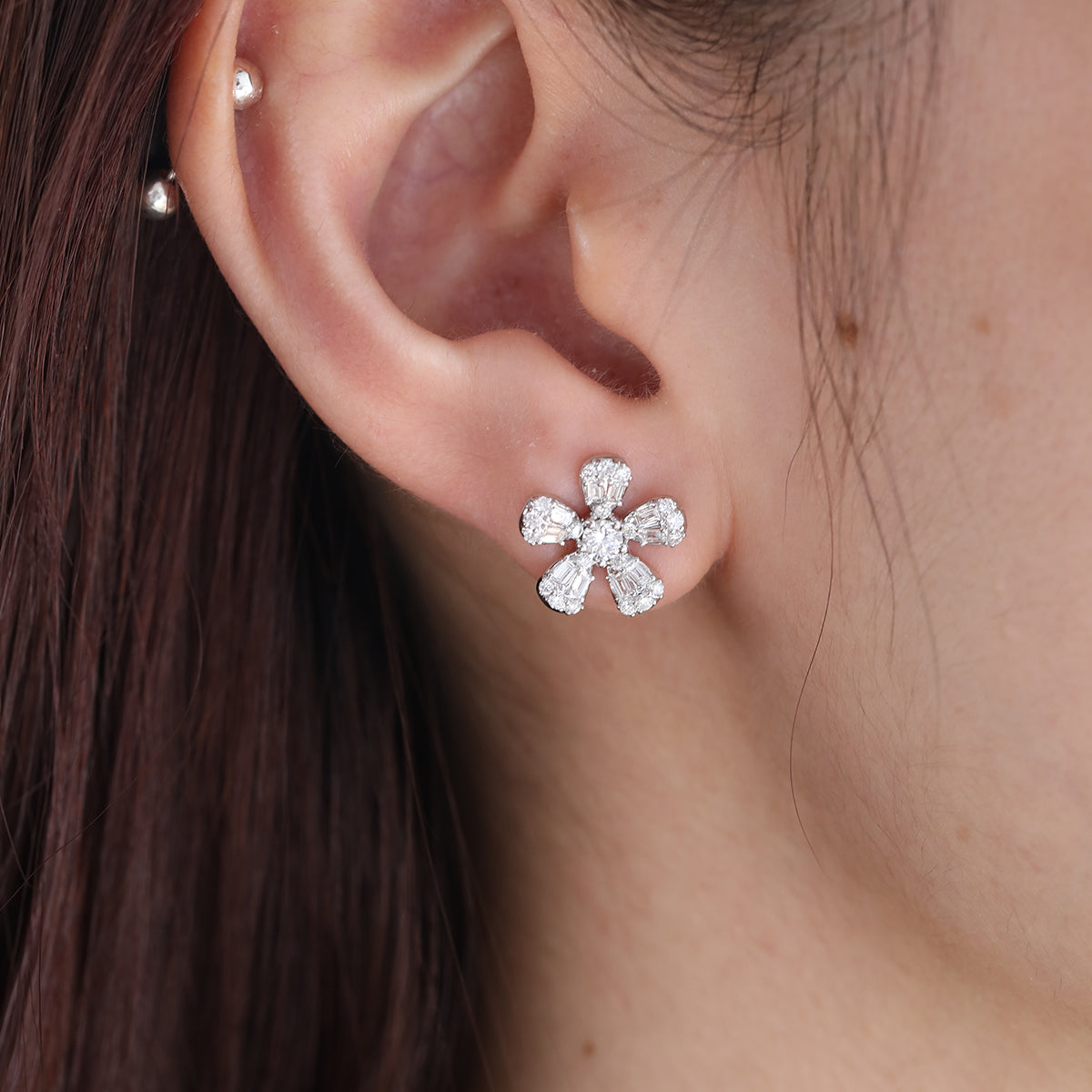 Baguette and Round Cut Lab Diamond Flower Stud Earrings — Art Nouveau Nature-Inspired