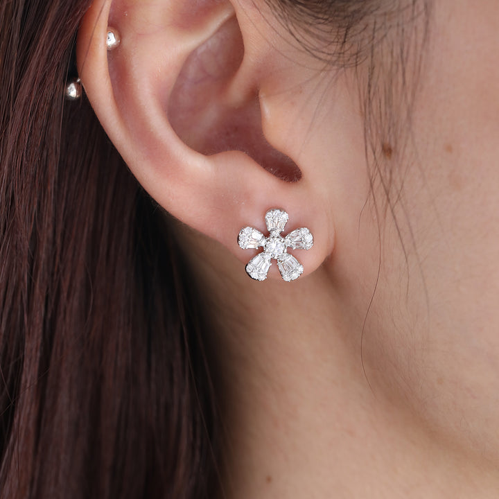 Baguette and Round Cut Lab Diamond Flower Stud Earrings — Art Nouveau Nature-Inspired