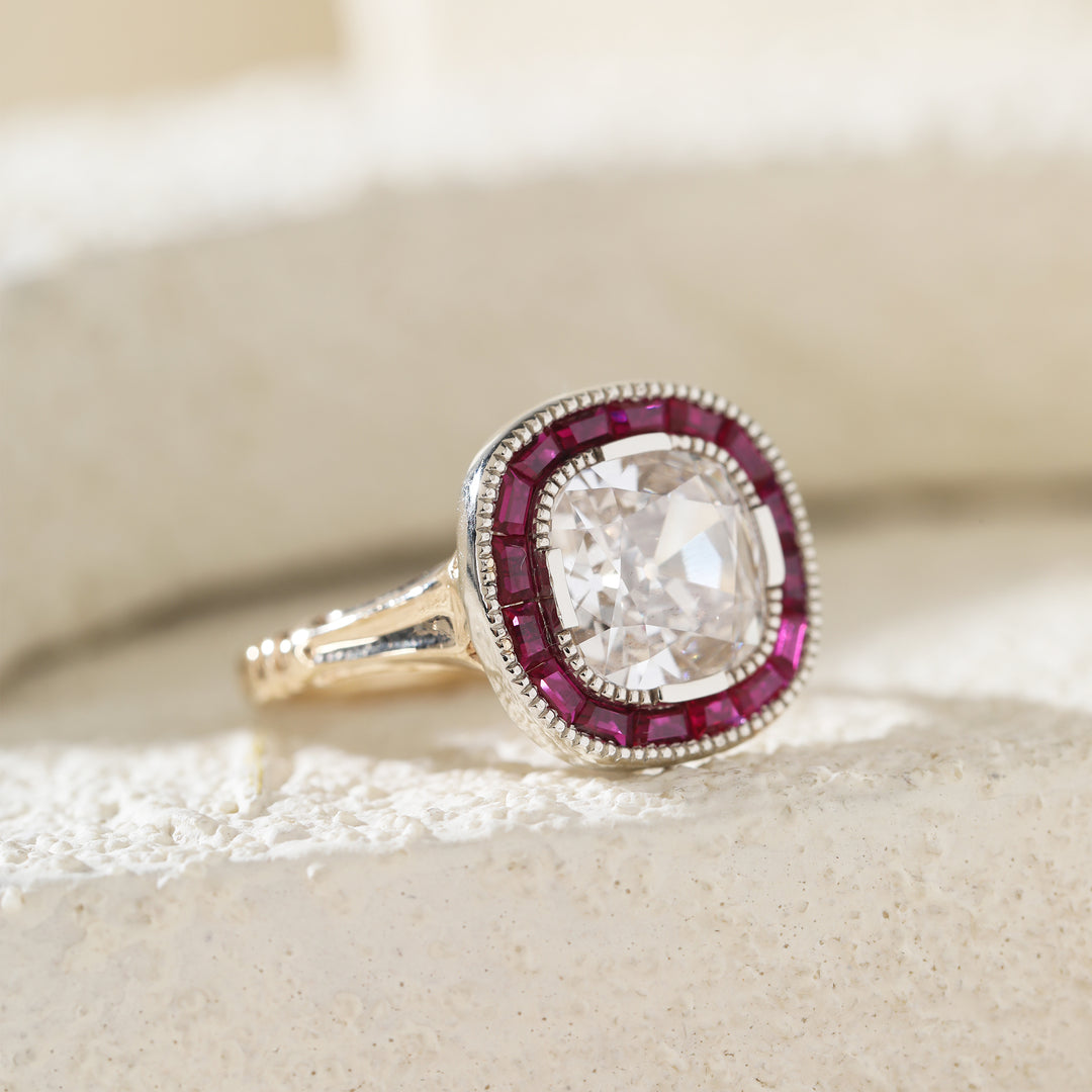 Old Mine-Cut Lab Diamond Millegrain Bezel Ring with Tapered Baguette Ruby Halo