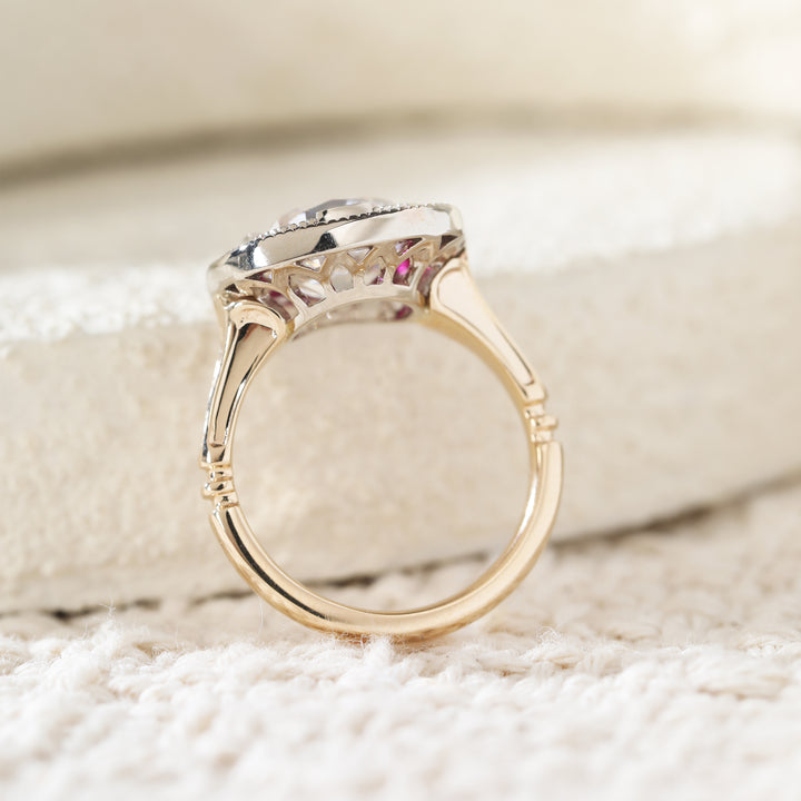 Old Mine-Cut Lab Diamond Millegrain Bezel Ring with Tapered Baguette Ruby Halo