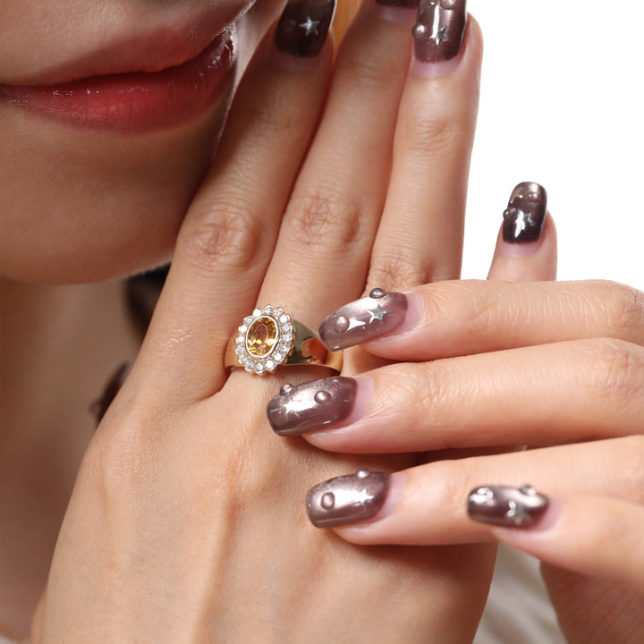 Oval Natural Citrine Flower Ring with Round Diamond Halo — Art Nouveau Nature-Inspired