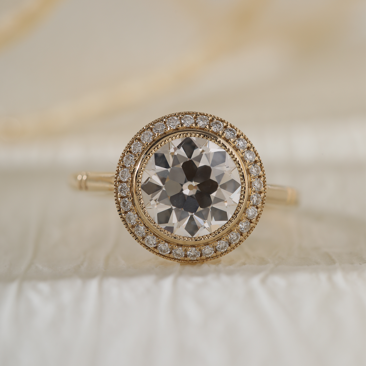 14K Yellow Gold 2.5ct Old European Cut Lab Diamond Edwardian Style Ring with Round Lab Diamond Halo Ring