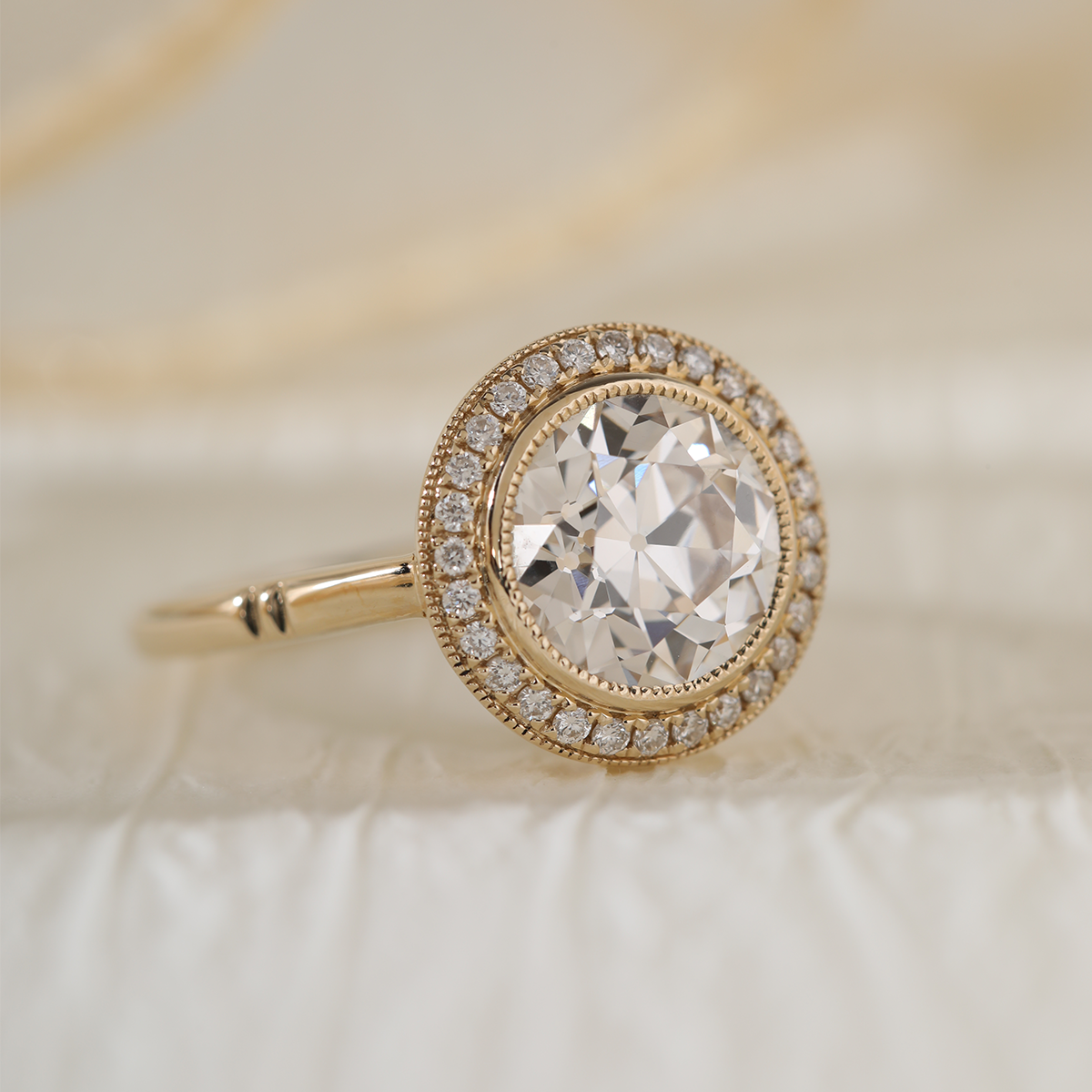14K Yellow Gold 2.5ct Old European Cut Lab Diamond Edwardian Style Ring with Round Lab Diamond Halo Ring