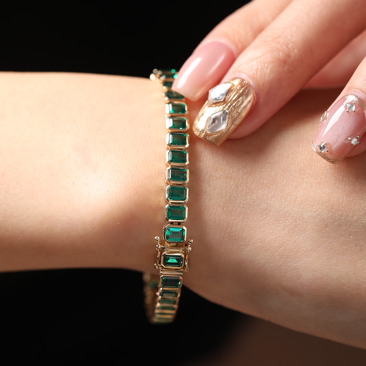 14K Yellow Gold Emerald Cut Lab Zambian Emerald Bezel Tennis Bracelet