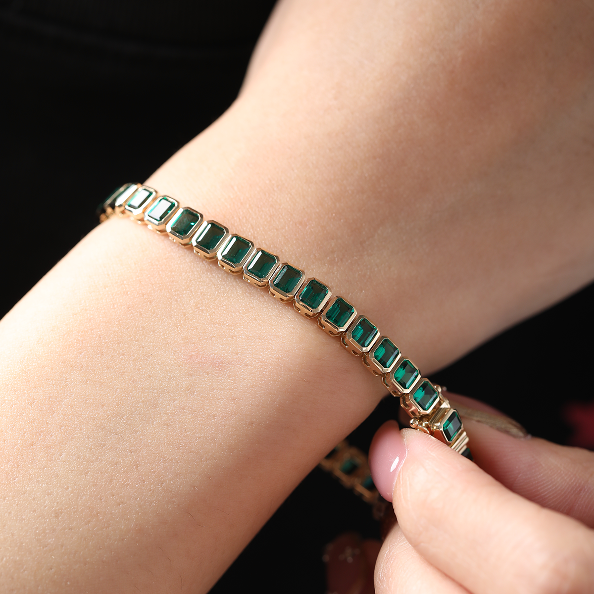 14K Yellow Gold Emerald Cut Lab Zambian Emerald Bezel Tennis Bracelet
