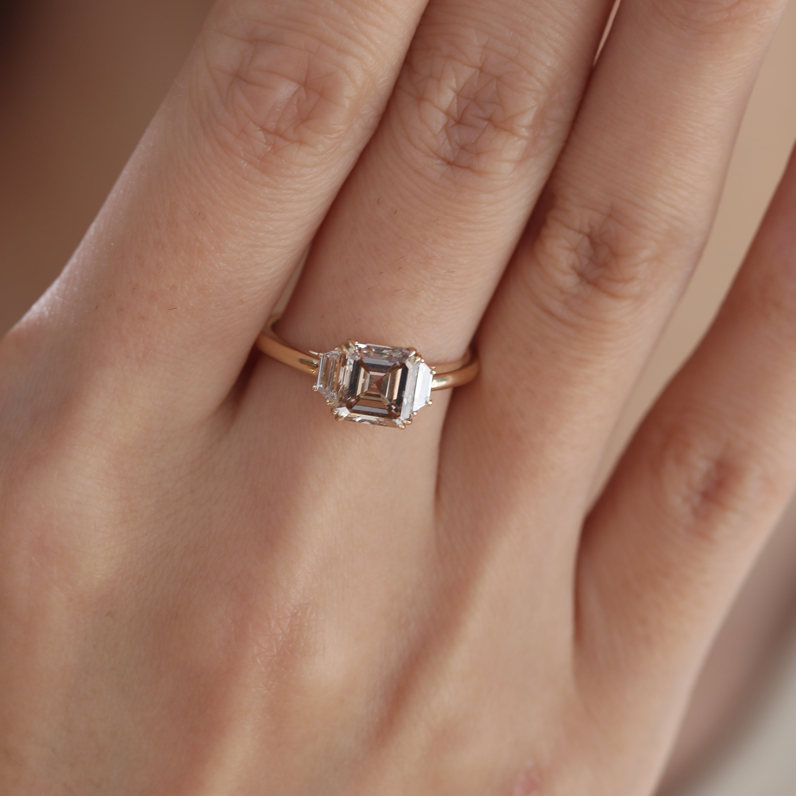 14K Yellow Gold 1.74ct Asscher Cut Brown Lab Diamond Double Claw Prongs Three-stone Ring with Two Trapezoid Diamonds