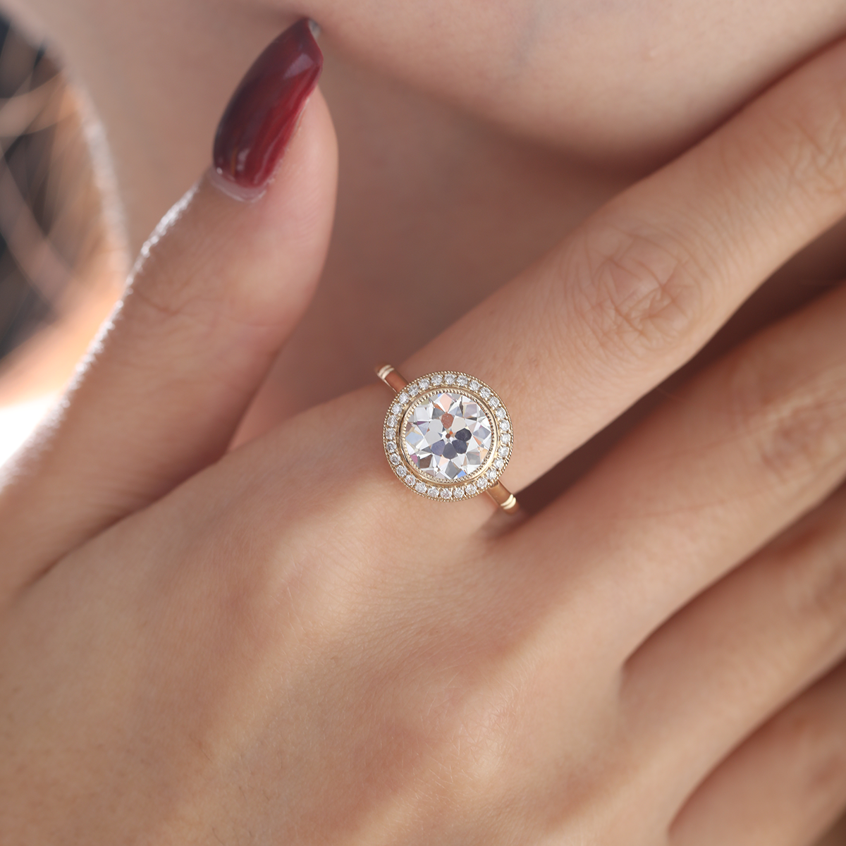14K Yellow Gold 2.5ct Old European Cut Lab Diamond Edwardian Style Ring with Round Lab Diamond Halo Ring