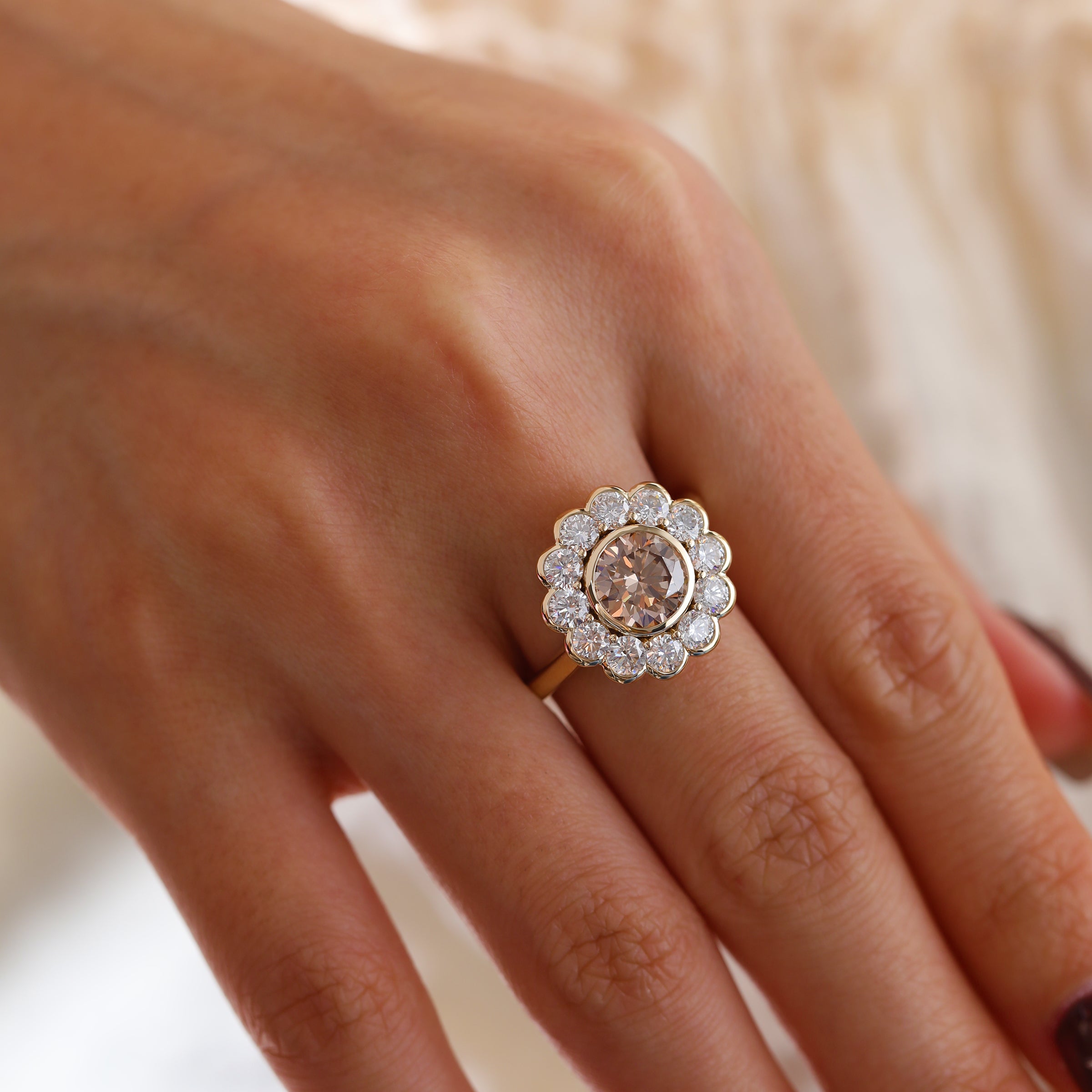 14K Yellow Gold 1.5ct Round Cut Light Brown Lab Diamond Bezel Ring with Roound Lab Diamond Halo