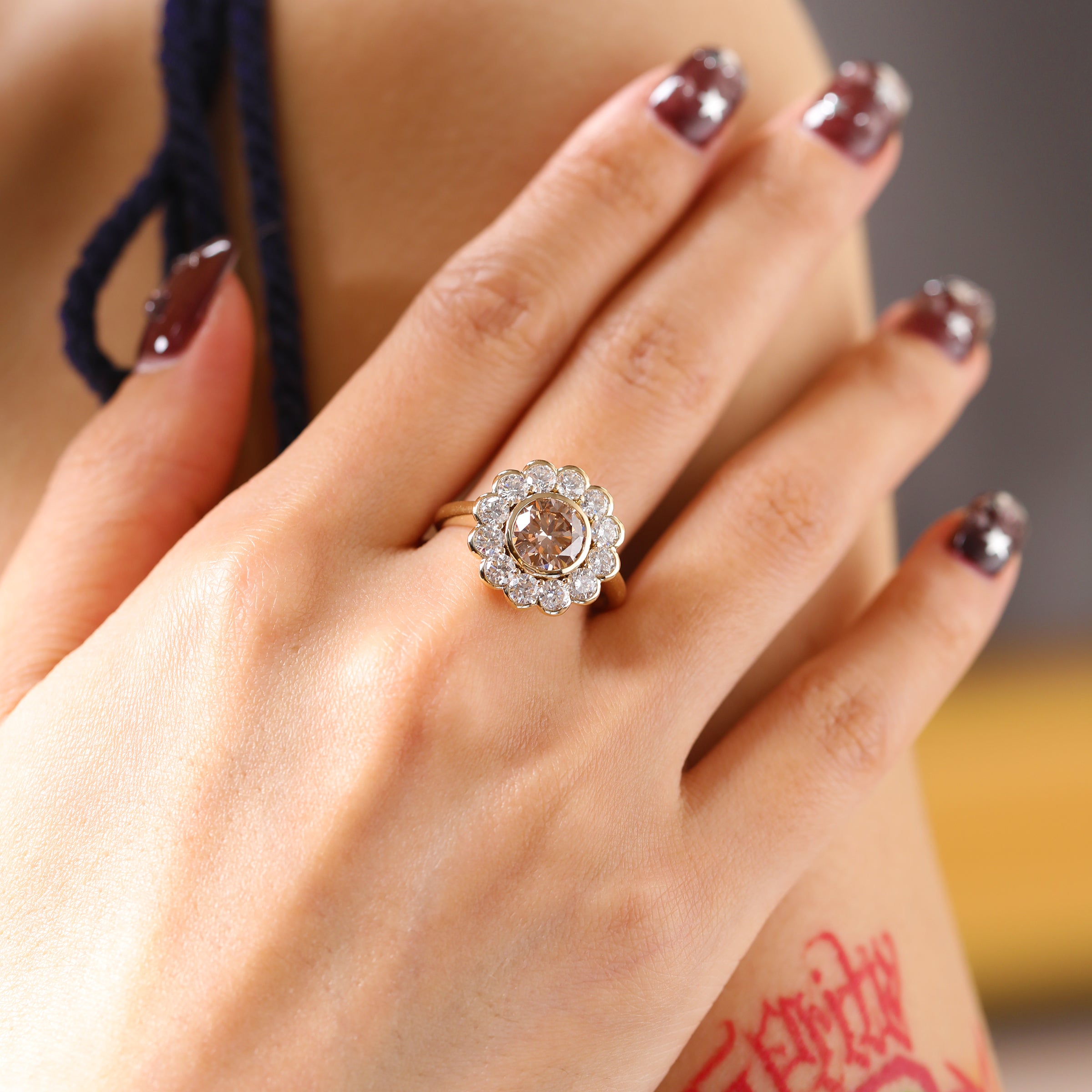 14K Yellow Gold 1.5ct Round Cut Light Brown Lab Diamond Bezel Ring with Roound Lab Diamond Halo