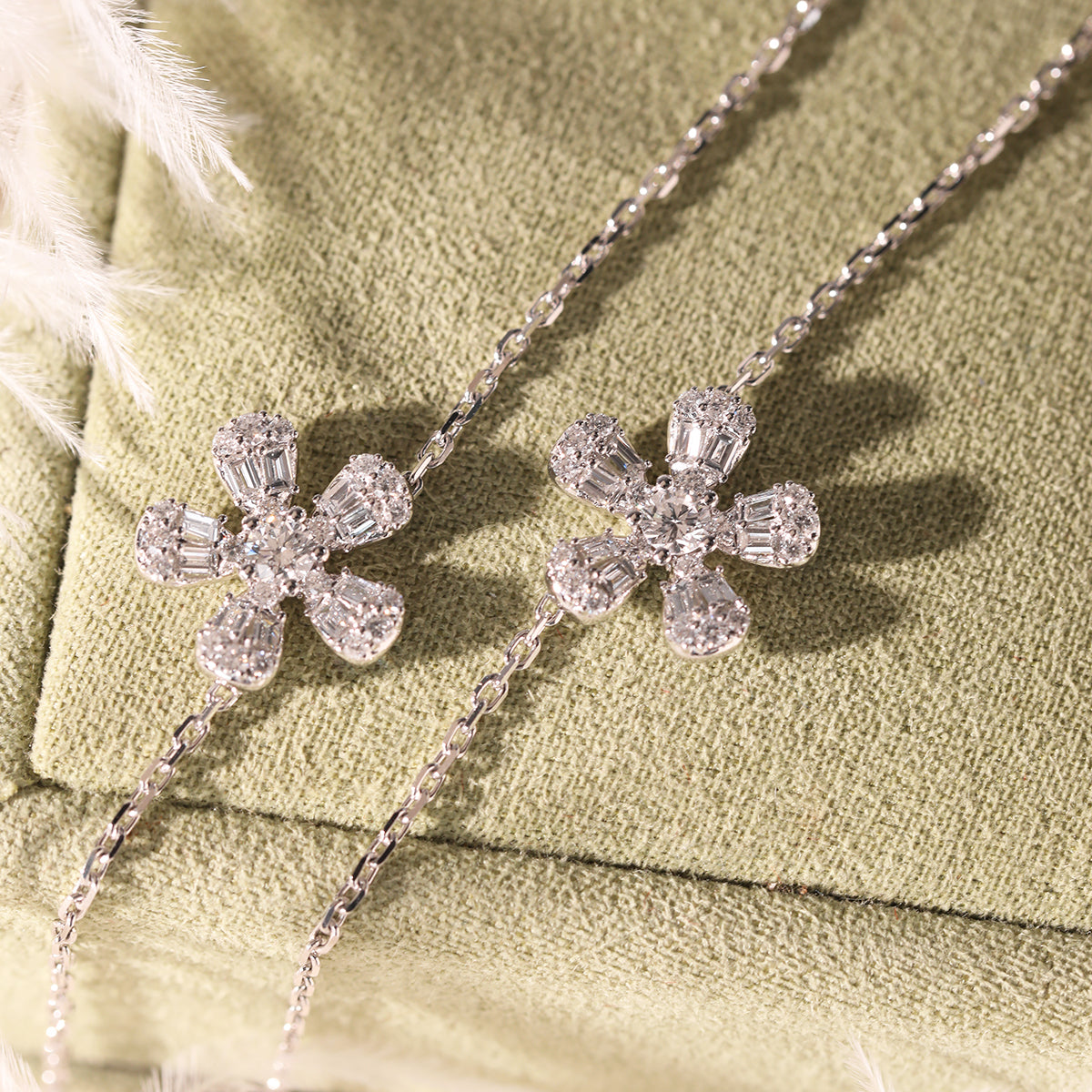 14K White Gold 5-Flower Station Necklace with Round and Baguette Cut Lab Diamonds