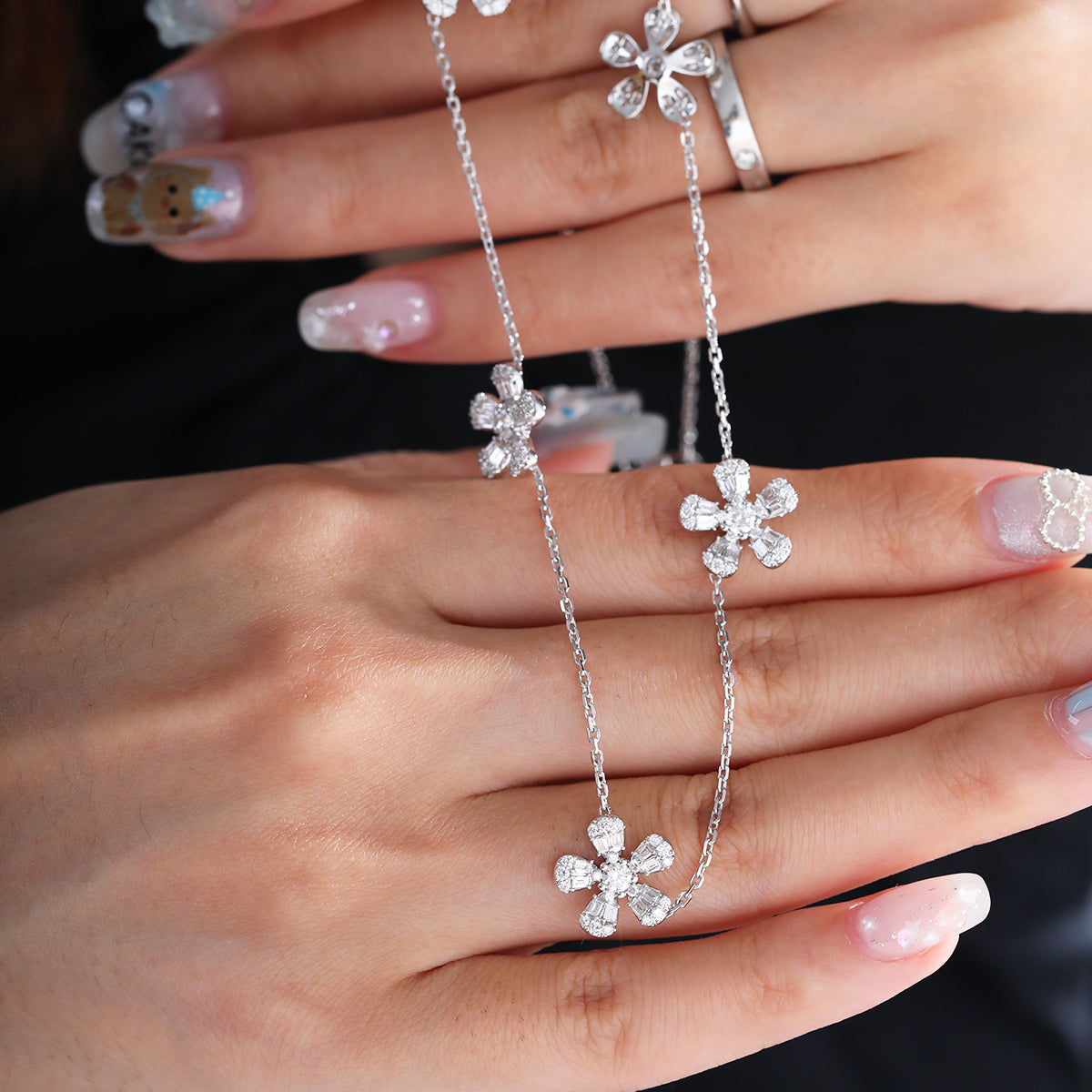 14K White Gold 5-Flower Station Necklace with Round and Baguette Cut Lab Diamonds