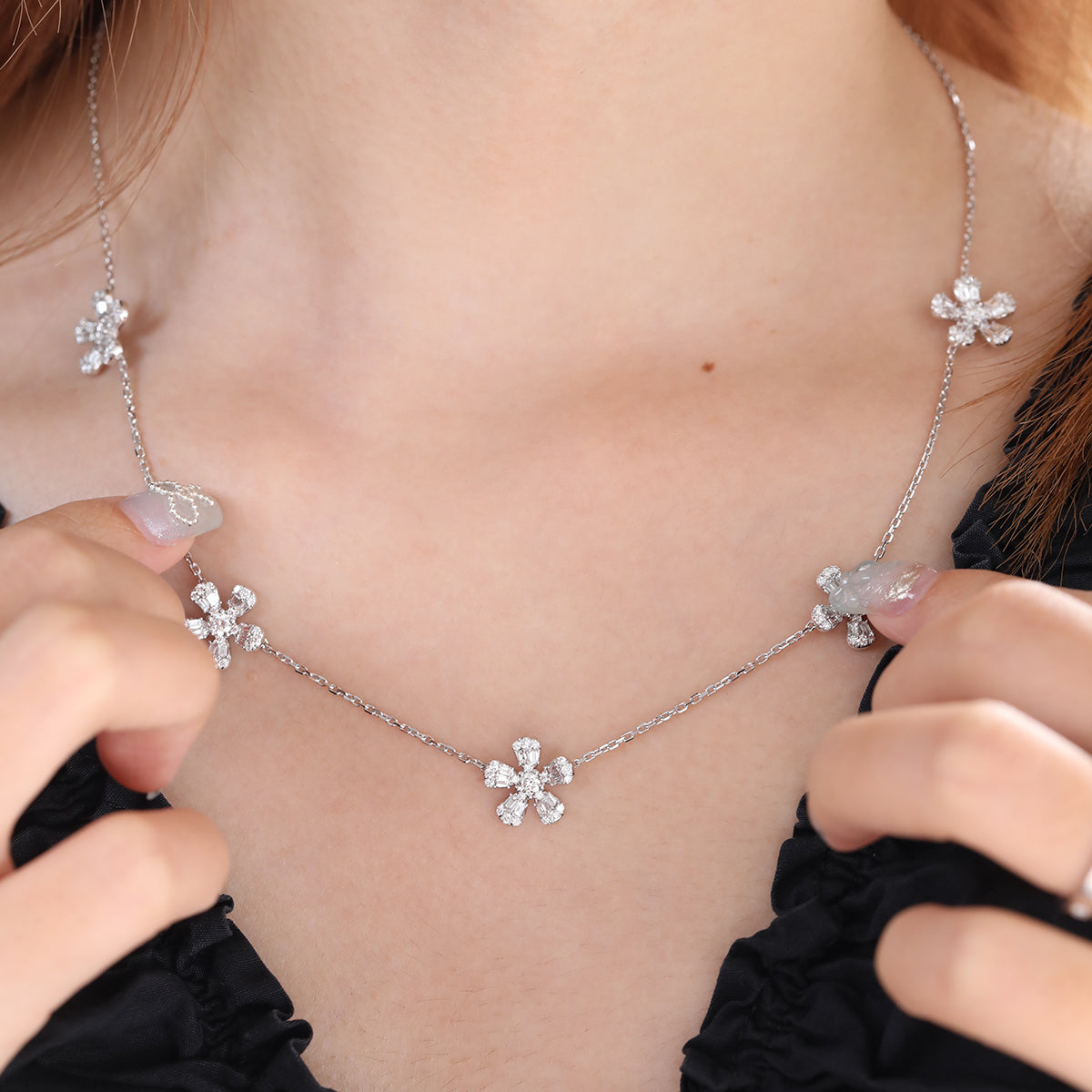 14K White Gold 5-Flower Station Necklace with Round and Baguette Cut Lab Diamonds