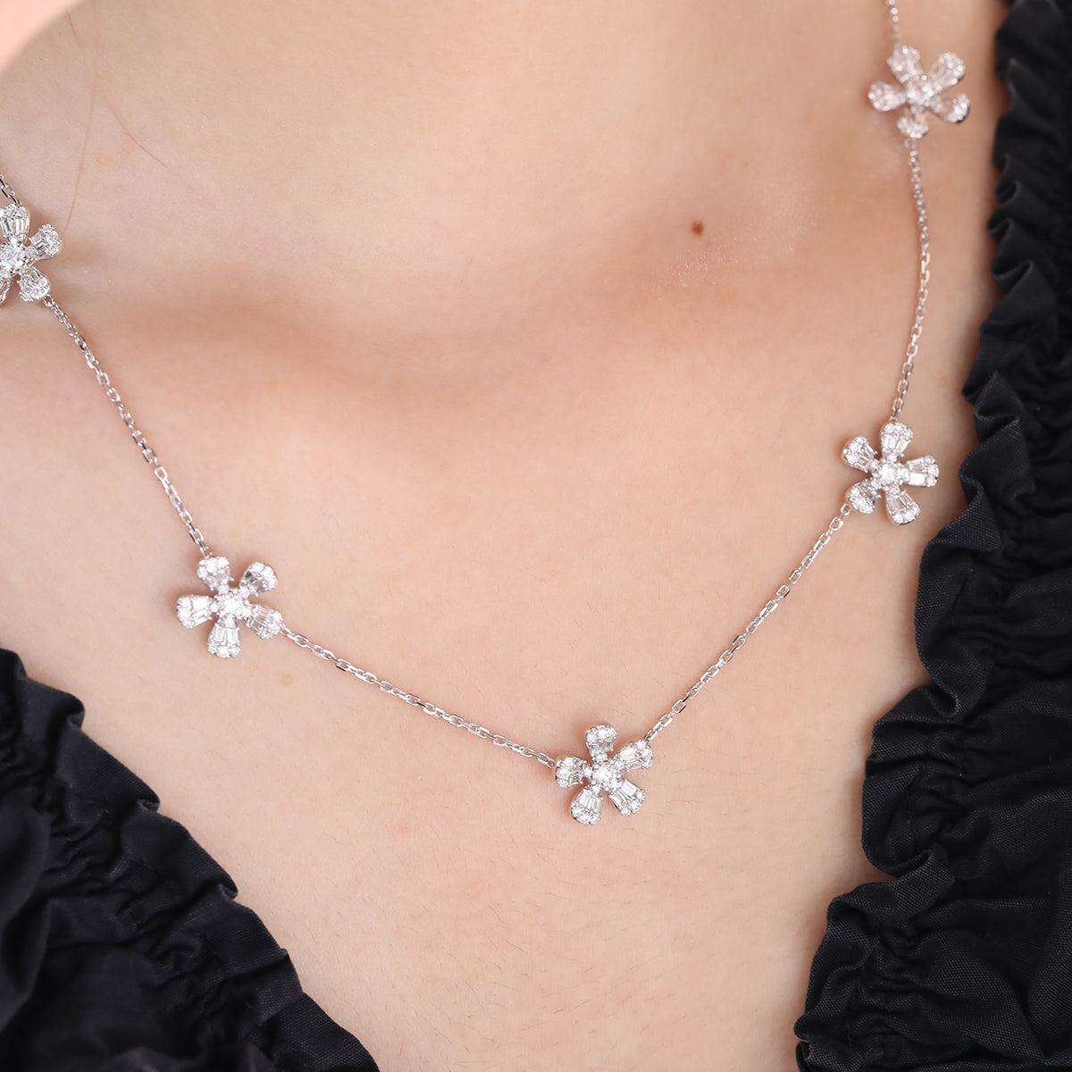 14K White Gold 5-Flower Station Necklace with Round and Baguette Cut Lab Diamonds