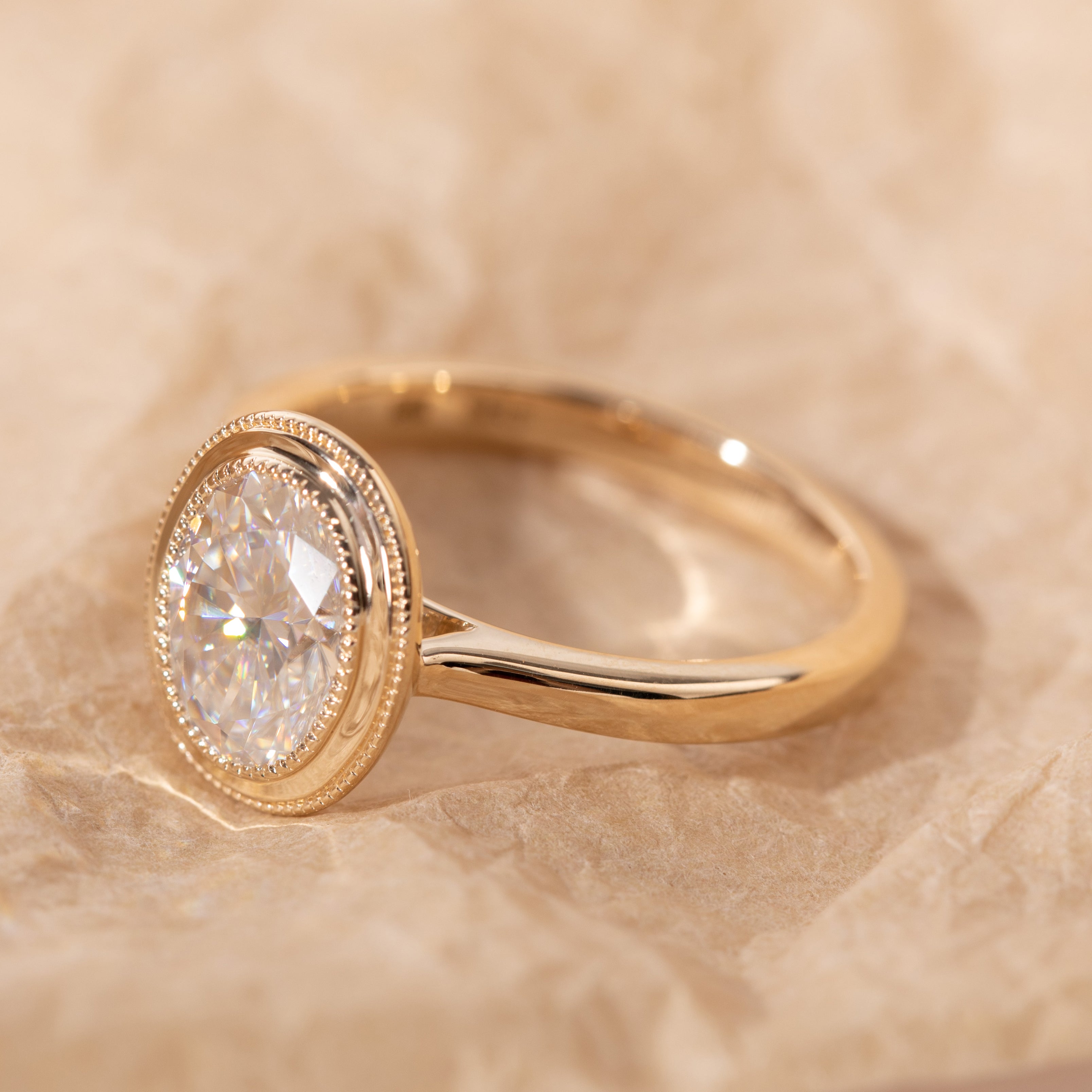 14K Yellow Gold Oval Cut Lab Diamond Millegrain Bezel Basket Solitaire Ring