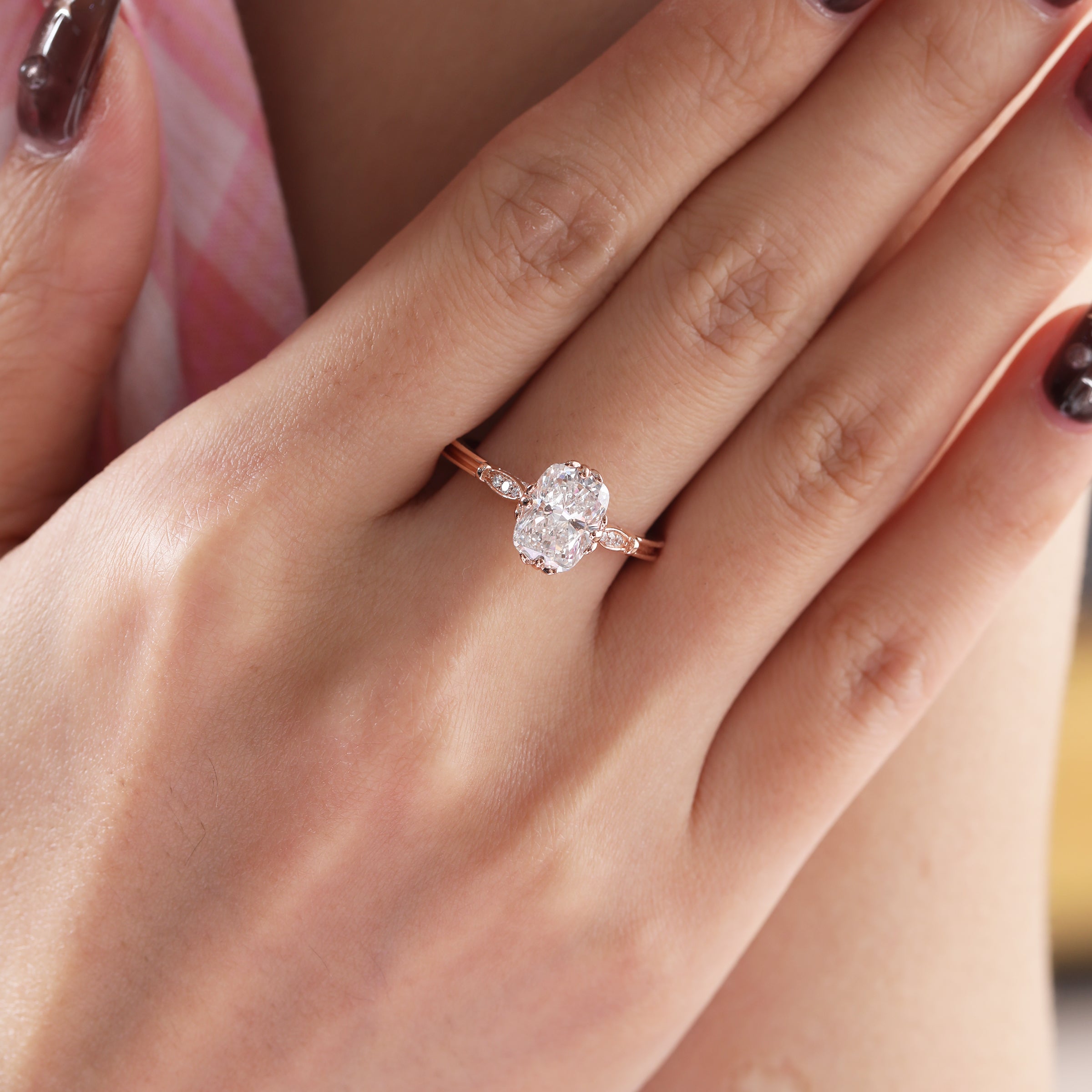 14K Rose Gold 2ct Elongated Cushion Cut Lab Diamond Triple Prong Cathedral Design Ring