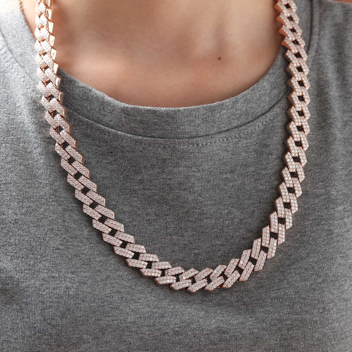14K Rose Gold Iced Out Cuban Link Chain Necklace with Round Lab Diamond