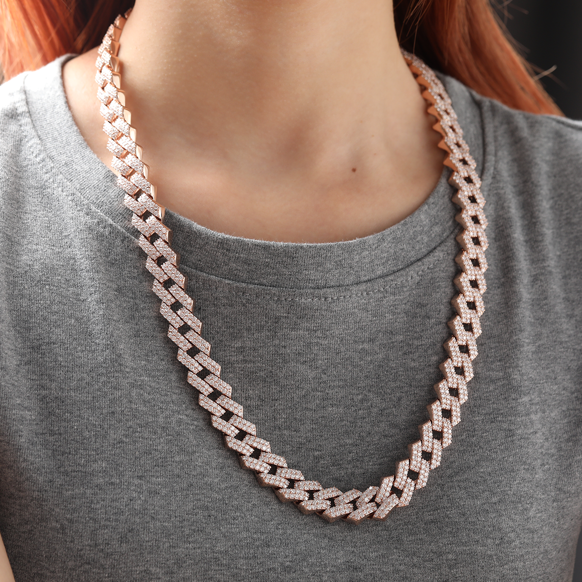14K Rose Gold Iced Out Cuban Link Chain Necklace with Round Lab Diamond