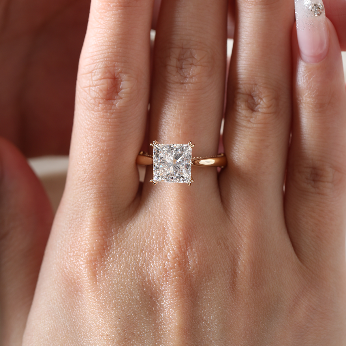 18K Yellow Gold 4ct Princess Cut Lab Diamond Double Claw Prongs Vintage Millegrain Ring – Art Nouveau Nature-Inspired Design