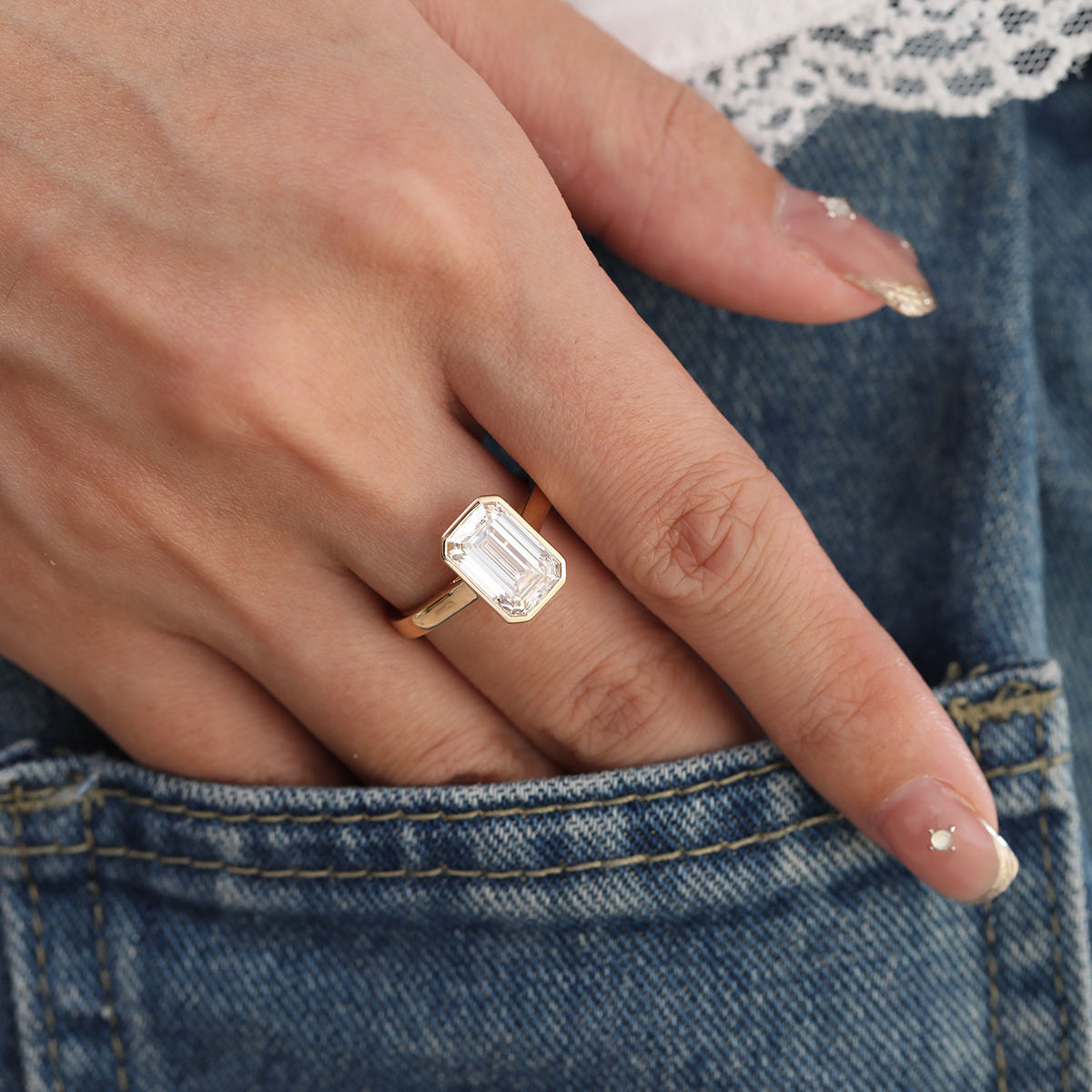 14K Yellow Gold 3ct Emerald Cut Lab DIamond Bezel Solitaire Ring