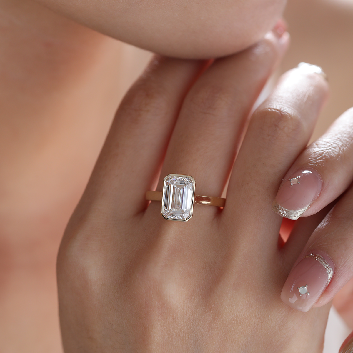 14K Yellow Gold 3ct Emerald Cut Lab DIamond Bezel Solitaire Ring