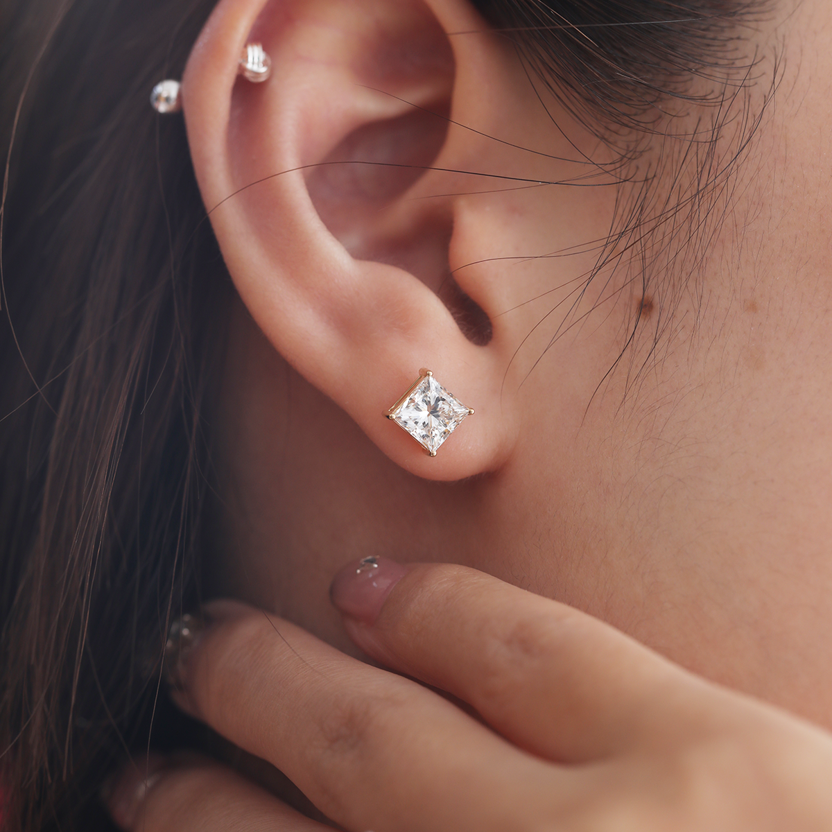 18K Yellow Gold Princes Cut Lab diamond Stud Earrings