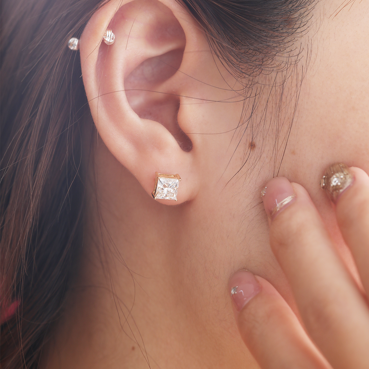 18K Yellow Gold Princes Cut Lab diamond Stud Earrings