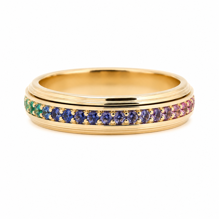 Round-Cut Rainbow Sapphire Eternity Fidget Ring
