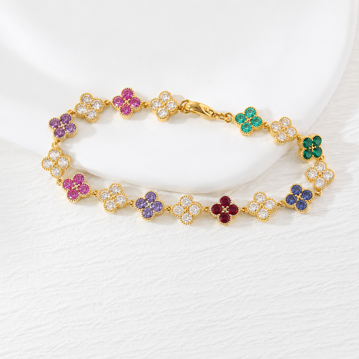 2.5mm Gemstone Four-Leaf Clover Station Bracelet with Millegrain Bezel