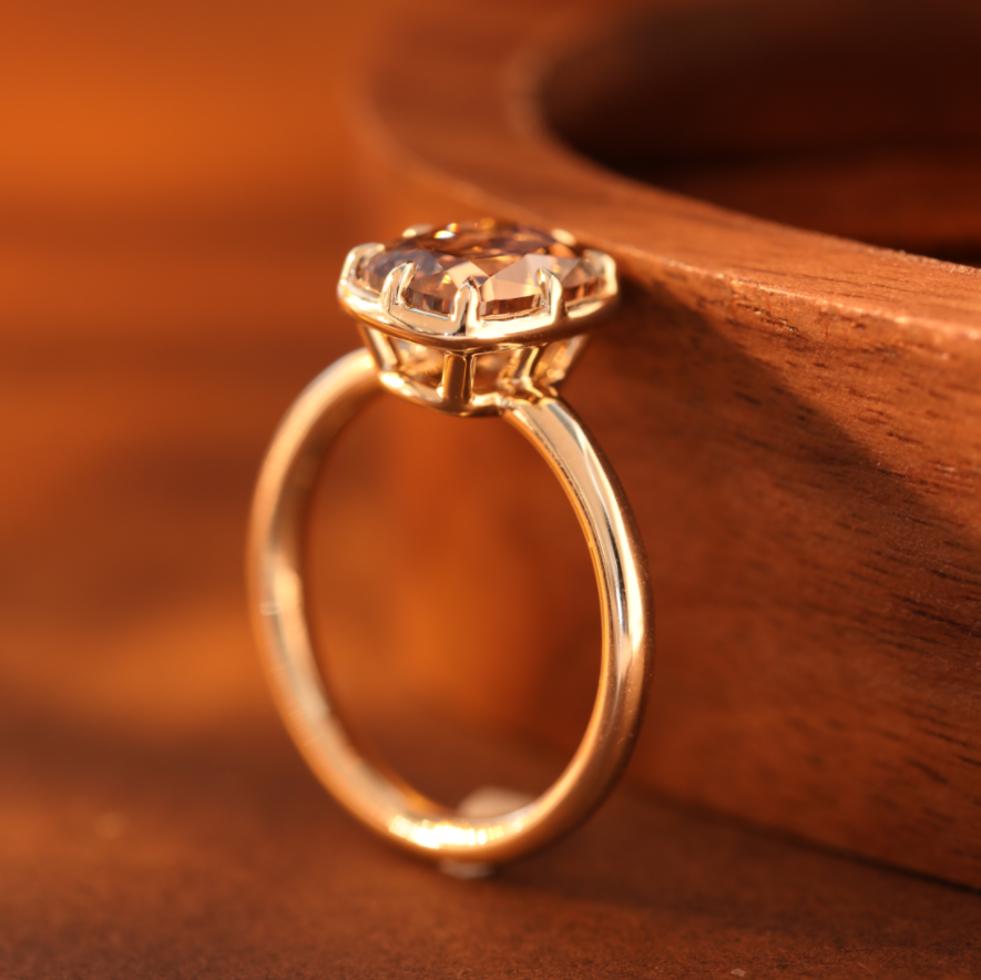 14K Yellow Gold 2.5ct Elongated Old Mine Cut Brown Lab Diamond 8 Claw Prongs Basket Solitaire Ring