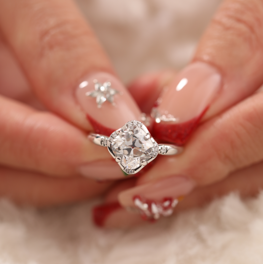 Old Mine-Cut Lab Diamond Ring with Buckle-Inspired Shank Design