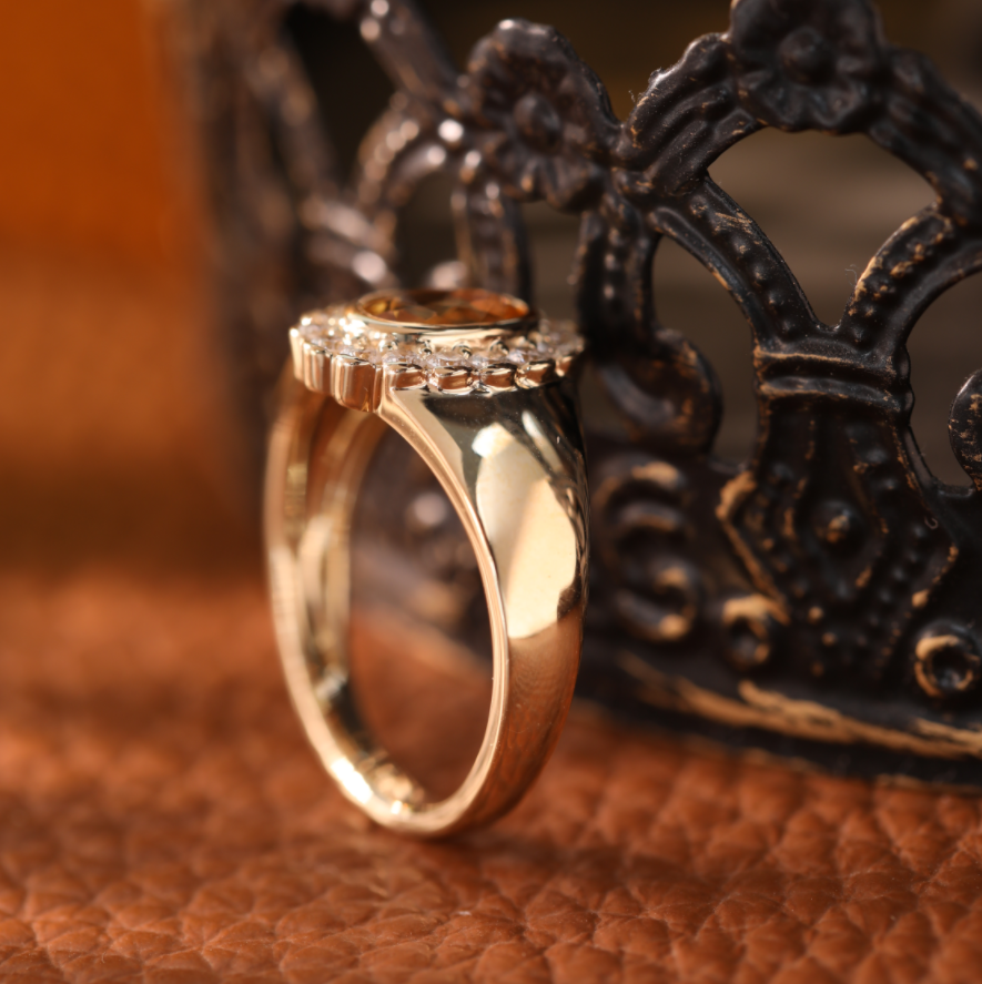 7*5mm Oval Natural Citrine Bezel Flower Ring with Round Lab Diamond Halo — Art Nouveau Nature-Inspired