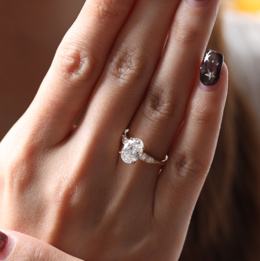 Oval Lab Diamond 4 Claw Prong Basket Ring with Round and Pear Lab Diamond Side-stones