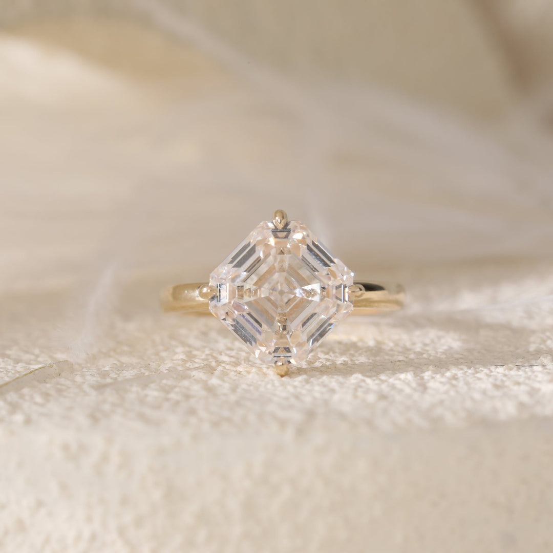 Antique Asscher - Cut Lab Diamond 4 - Claw Solitaire Ring with Floating Head Design - FIORESE JEWELRY