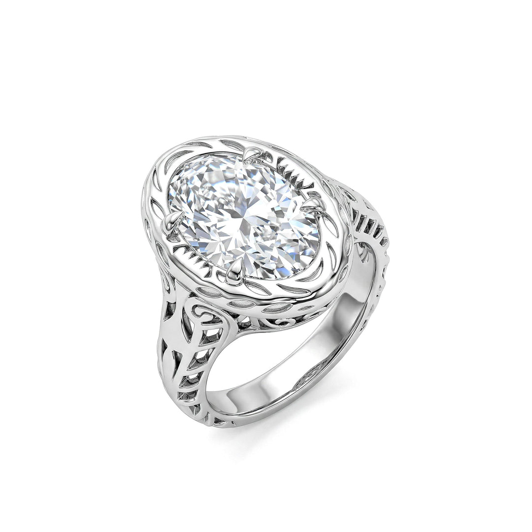 Artique Style Filigree Carved Elongated Oval Lab Diamond Ring - FIORESE JEWELRY